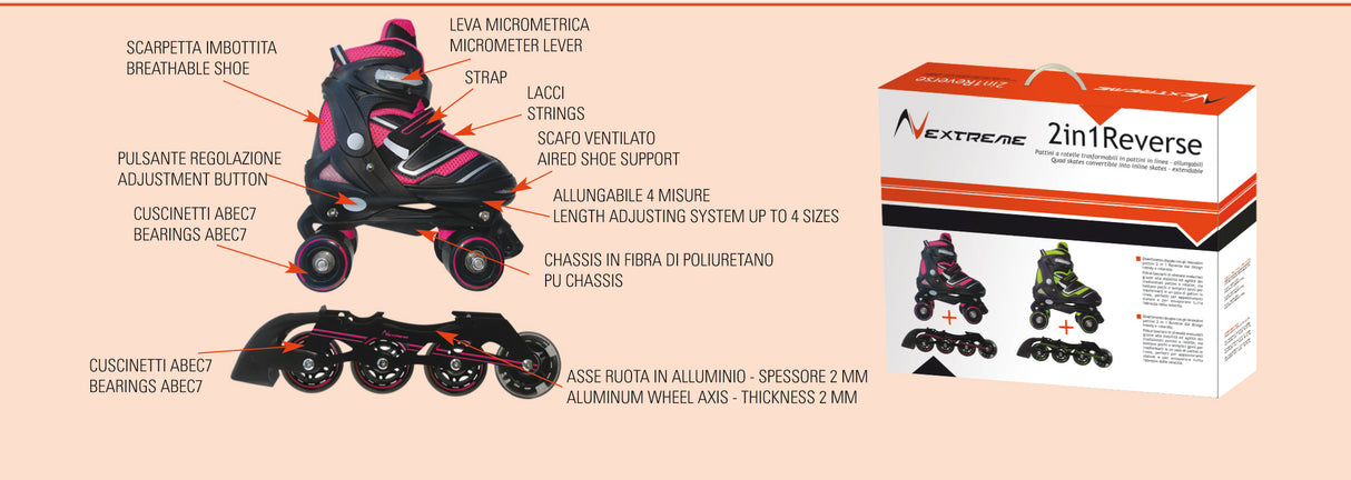 Nextreme Pattini a rotelle trasformabili in pattini in linea 2in1 REVERSE fucsia L