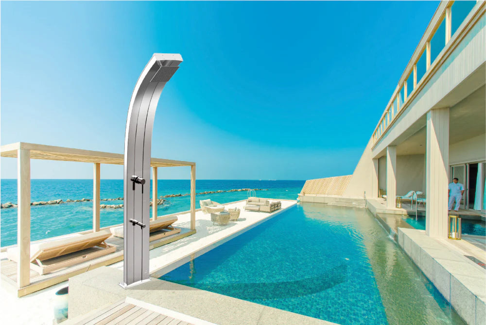 Arkema DADA CURVED 30-LITERS solar garden shower in aluminum, with foot washer - D320