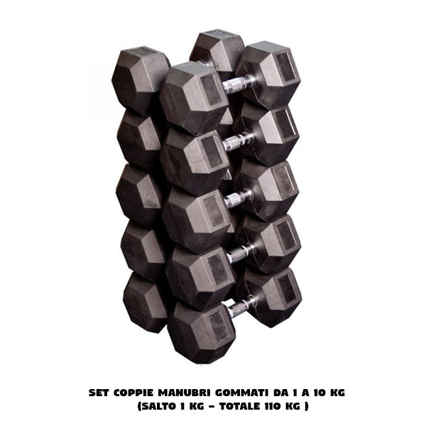 HEX RUBBER DUMBBELLS 1-10 KG (set 10 coppie) - HEXRU1-10