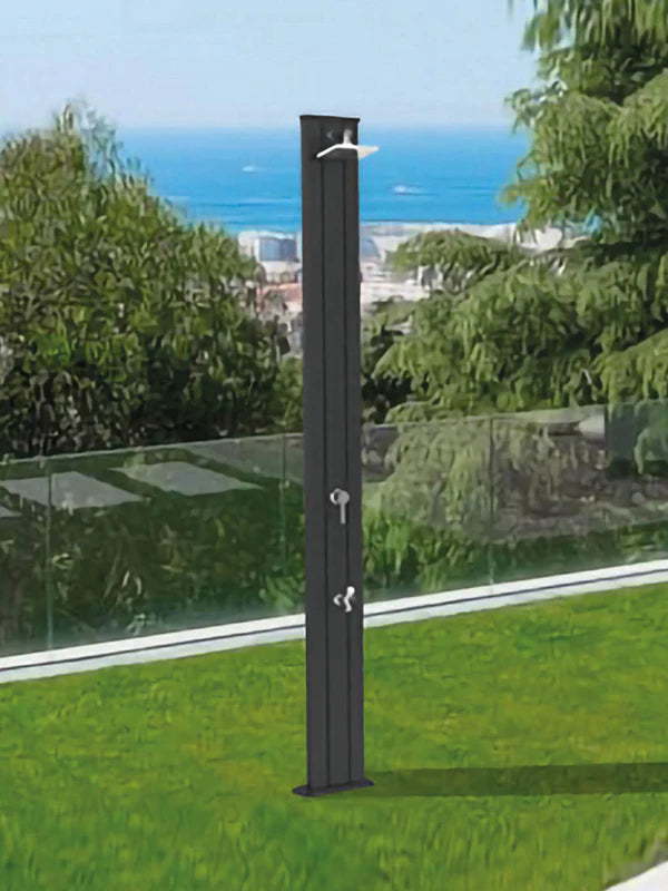 Arkema Design A120 Gebogene Aluminium-Gartendusche – Mit Mischbatterie Und Fußwaschbecken, Schwarz – Solarbetrieben, Für Garten, Terrasse, Pool