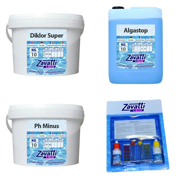Kit Standard 30 kg: 10 kg Diklor + 10 lt Algastop + 10 kg Ph Minus + Test kit omaggio